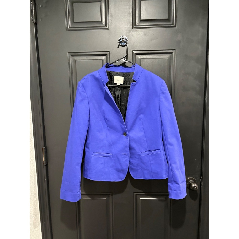 Loft Royal Blue Mock Neck Blazer Two Button Cotton Blend Jacket Size 10